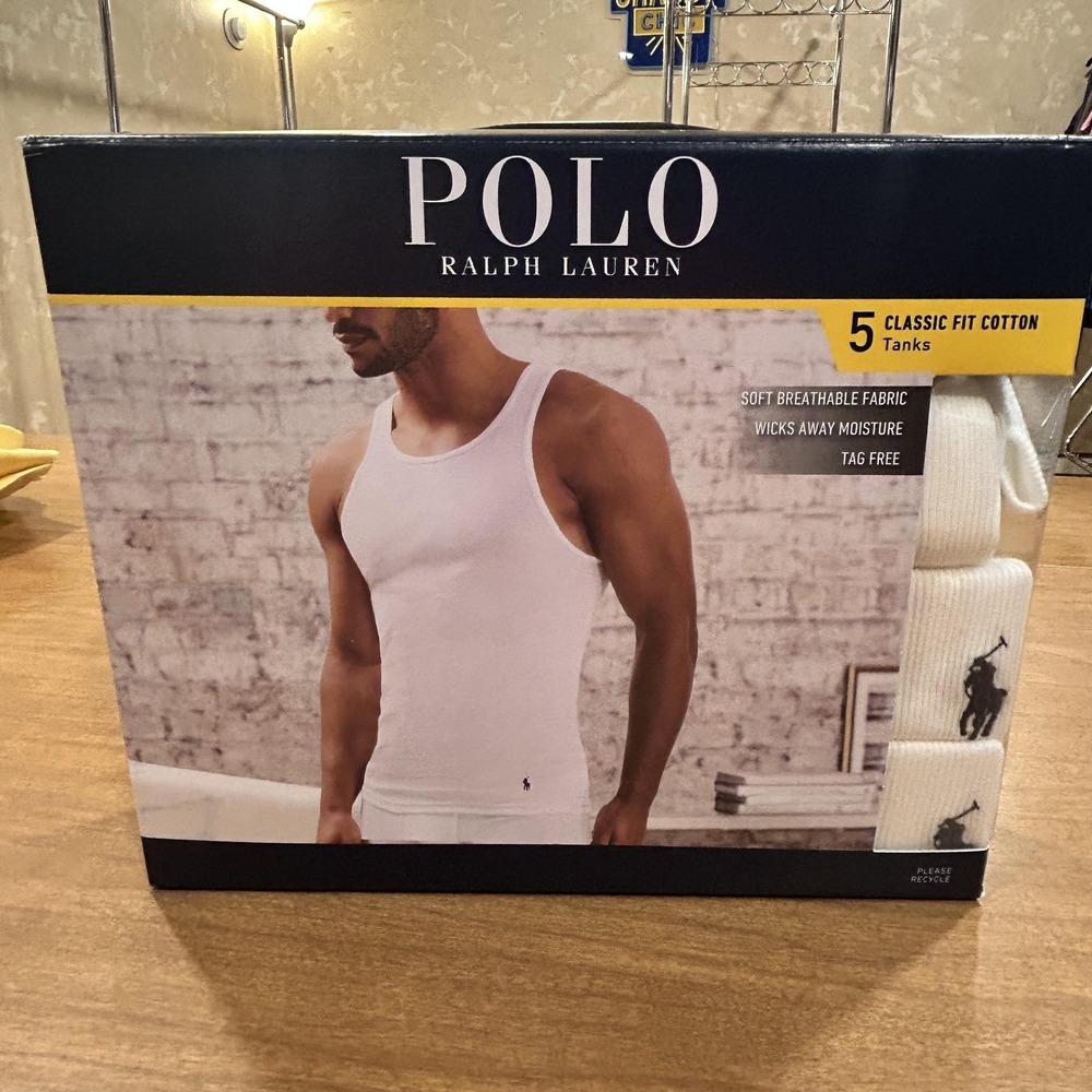 Polo Ralph Lauren Tank Undershirt Mens L White Classic Fit Cotton 5 Pack Tagless